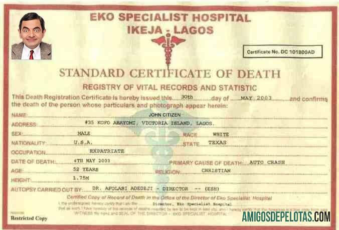 Certidão de Óbito do Hospital Especializado em Eko da Nigéria amostra